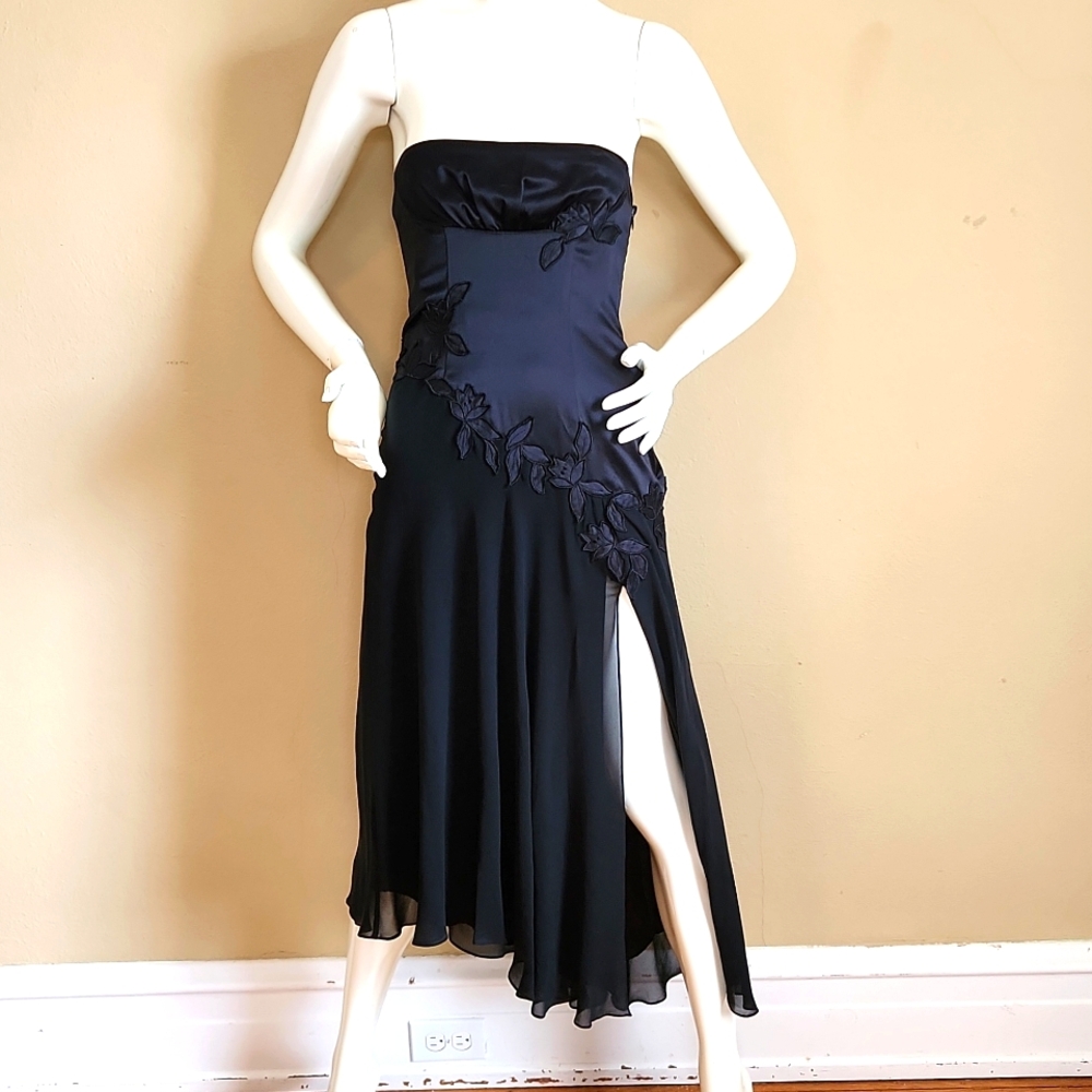 BCBG Y2K strapless gown, black chiffon dress with floral embellishments,  size 0